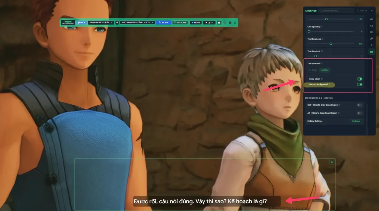 MeoW OCR translating a game into Vietnamese with its settings panel open